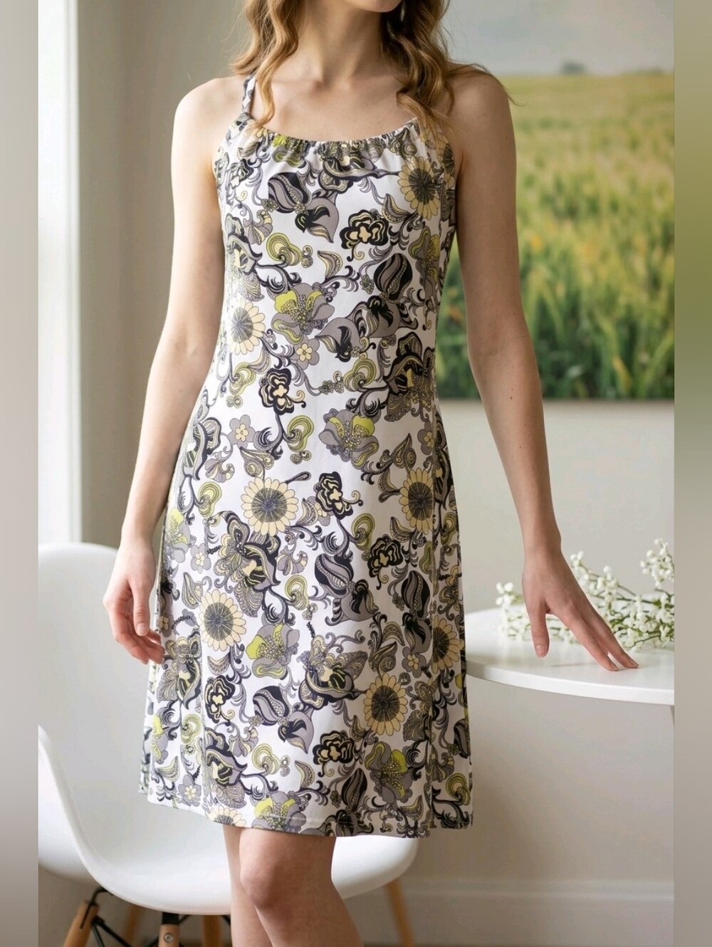 Prana "Quinn Dress" Floral Halter Mini Dress in Olive, Black & White